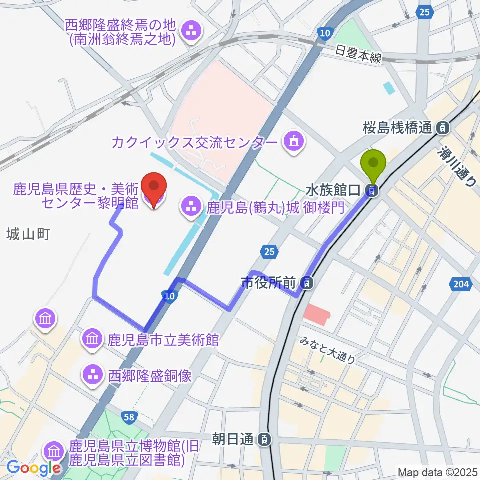 水族館口駅から鹿児島県歴史・美術センター黎明館へのルートマップ地図