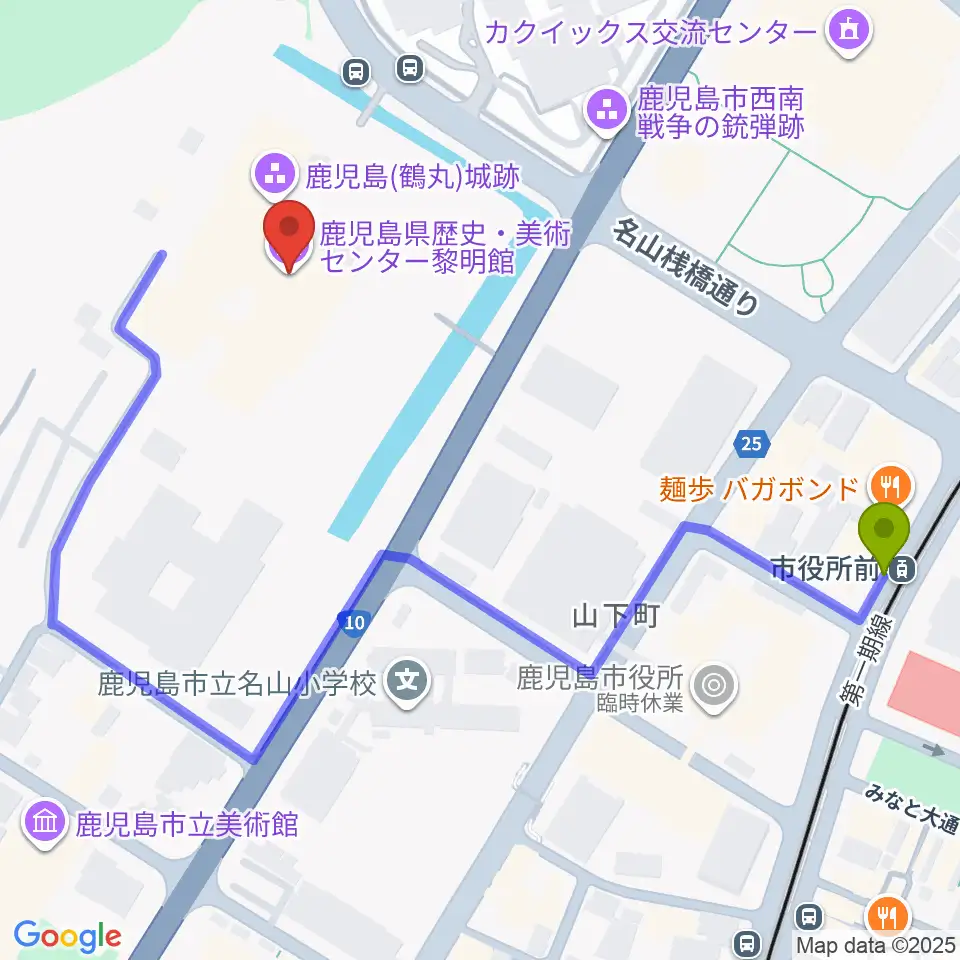 鹿児島県歴史・美術センター黎明館の最寄駅市役所前駅からの徒歩ルート（約6分）地図