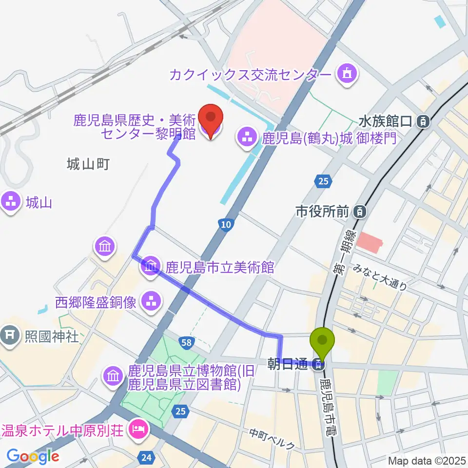 朝日通駅から鹿児島県歴史・美術センター黎明館へのルートマップ地図