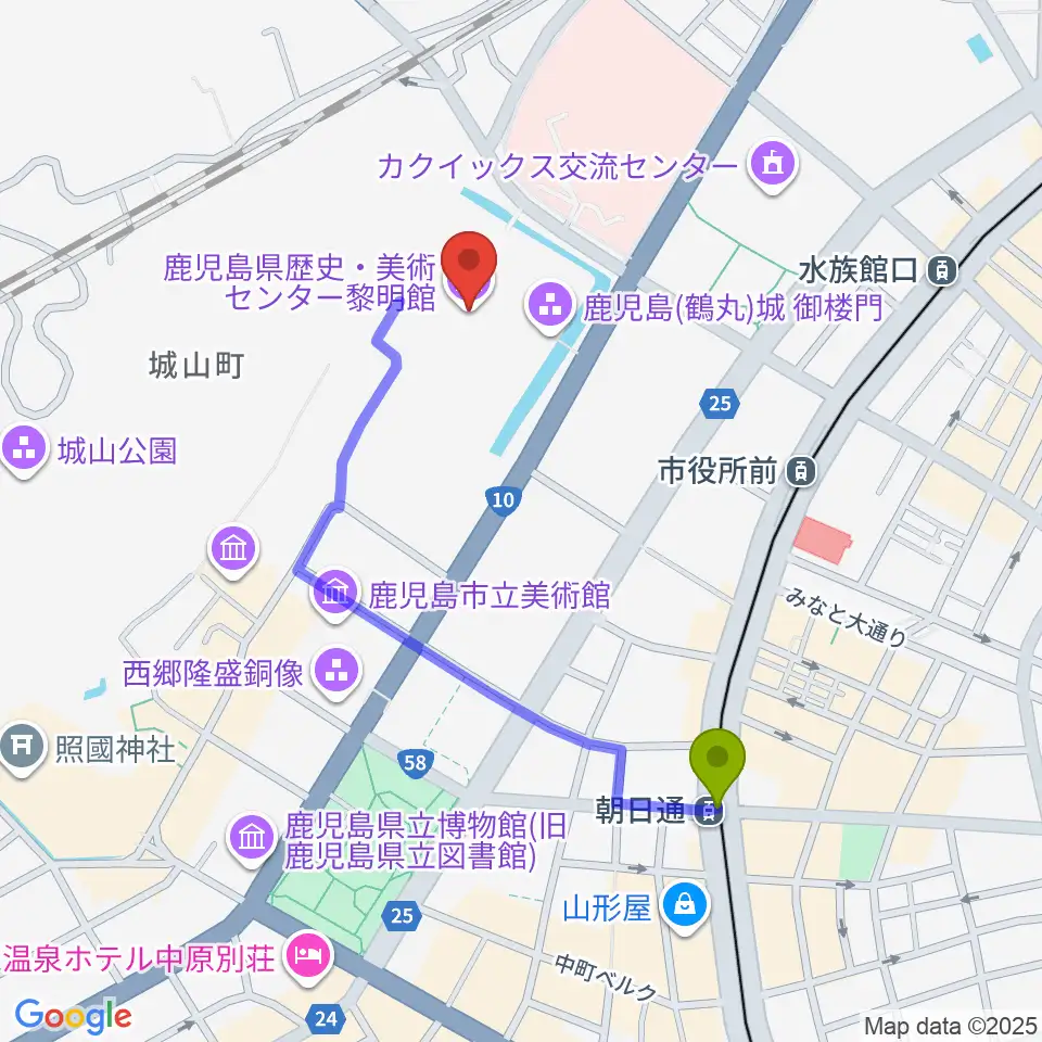 朝日通駅から鹿児島県歴史・美術センター黎明館へのルートマップ地図