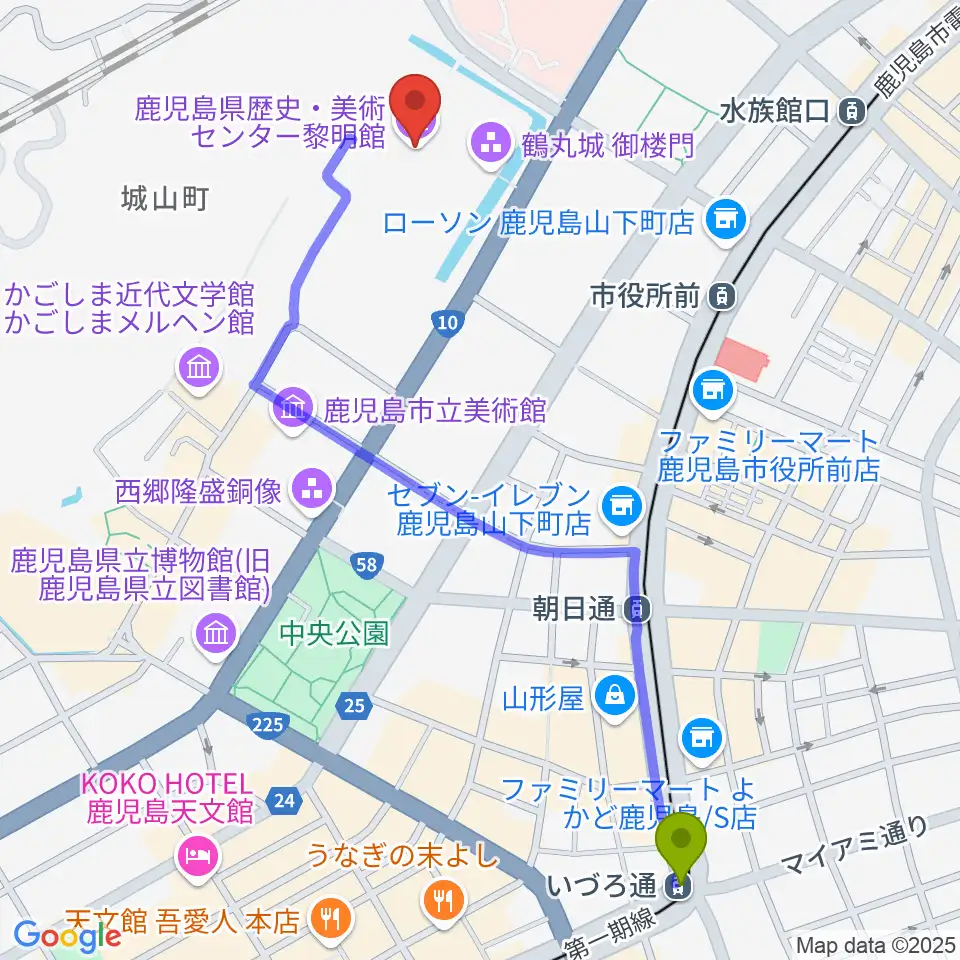 いづろ通駅から鹿児島県歴史・美術センター黎明館へのルートマップ地図