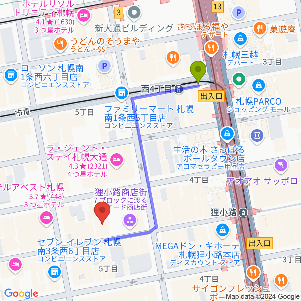 西４丁目駅からサツゲキへのルートマップ地図