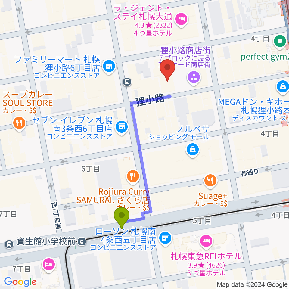 資生館小学校前駅からサツゲキへのルートマップ地図