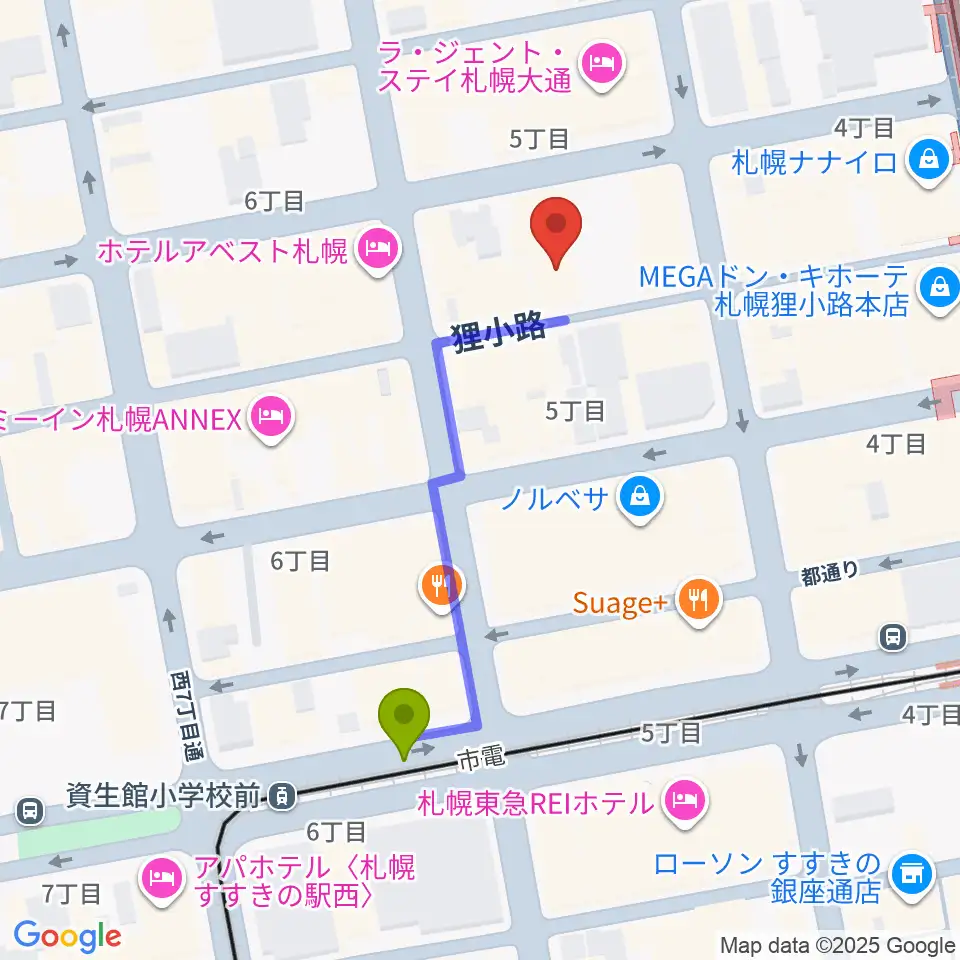 資生館小学校前駅からサツゲキへのルートマップ地図