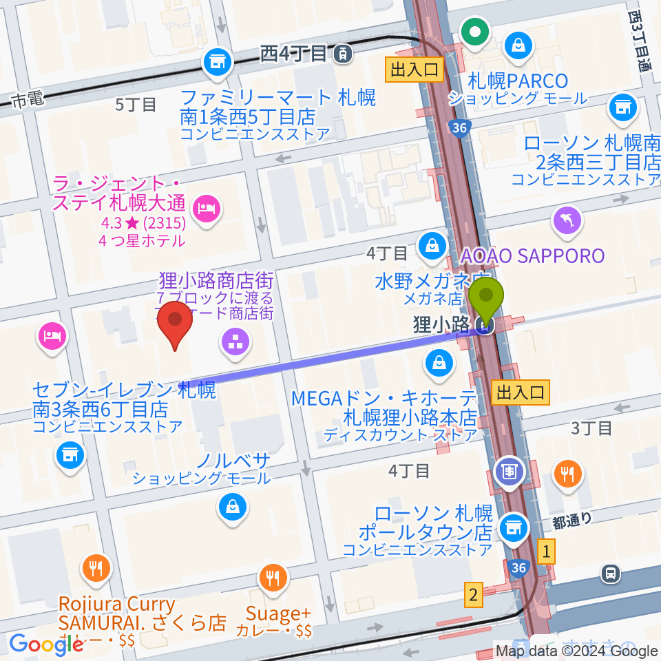 サツゲキの最寄駅狸小路駅からの徒歩ルート（約3分）地図