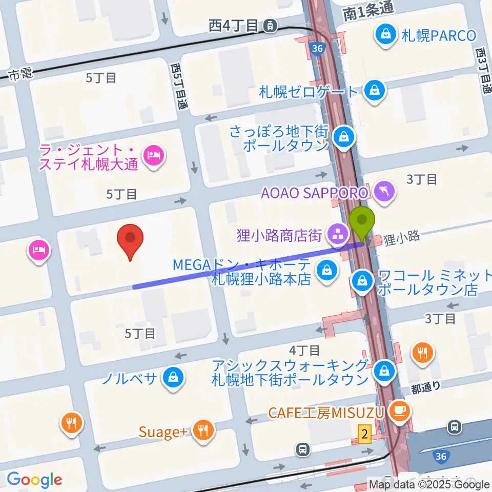 サツゲキの最寄駅狸小路駅からの徒歩ルート（約3分）地図