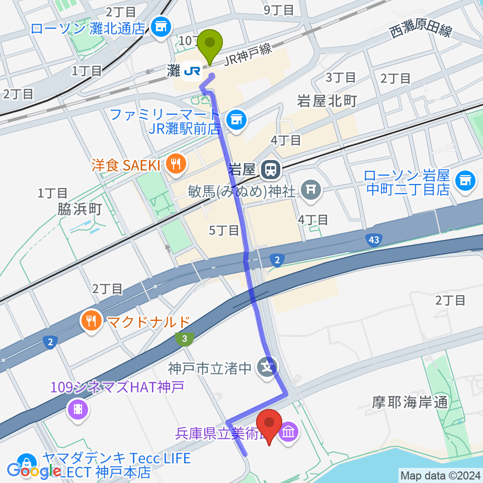 灘駅から兵庫県立美術館へのルートマップ地図