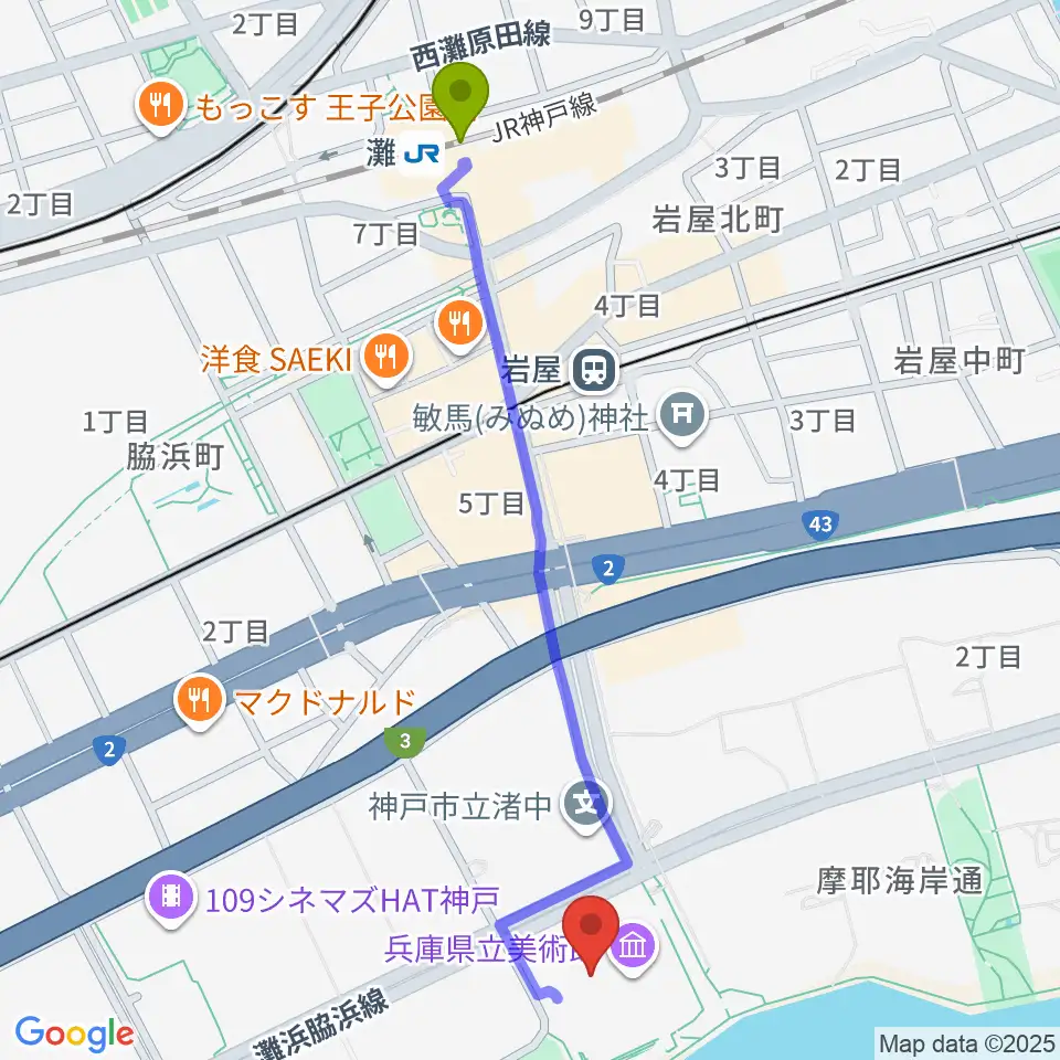 灘駅から兵庫県立美術館へのルートマップ地図