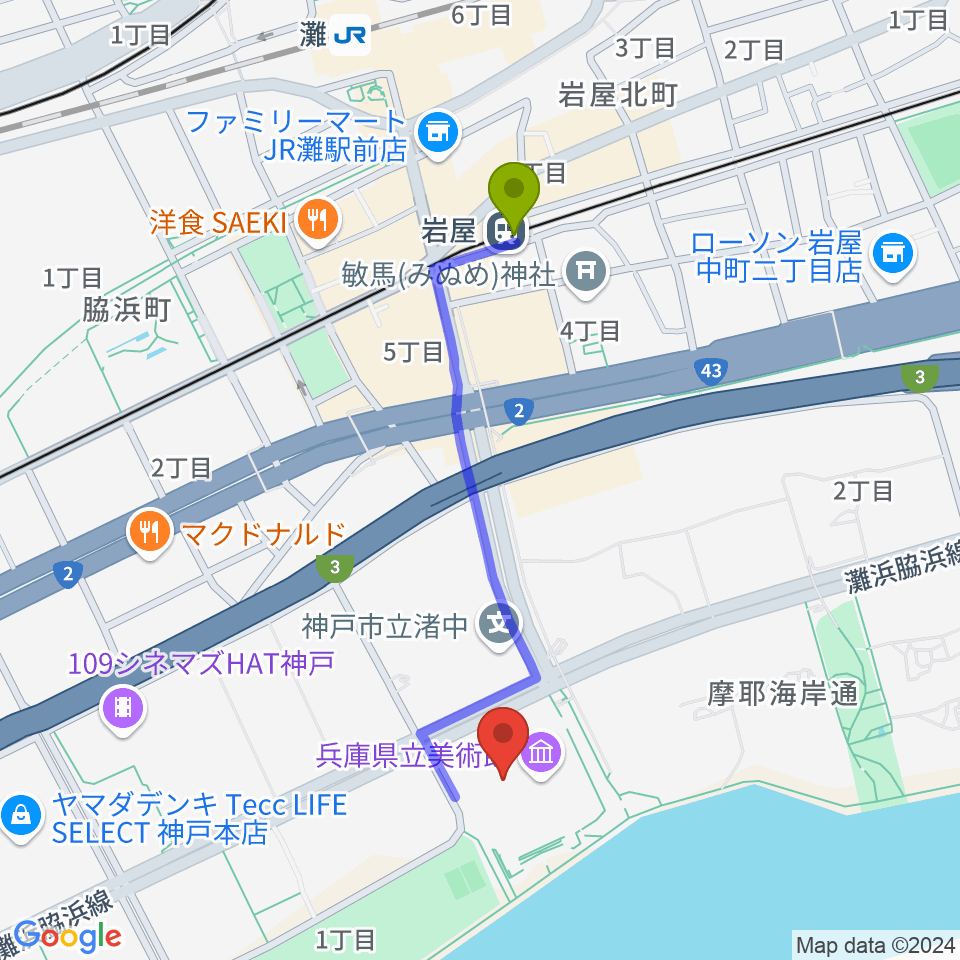 兵庫県立美術館の最寄駅岩屋駅からの徒歩ルート（約9分）地図