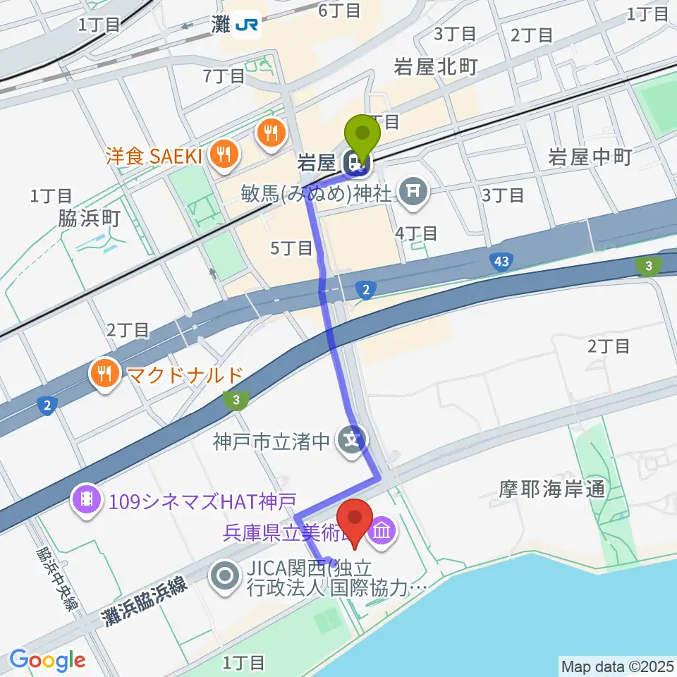 兵庫県立美術館の最寄駅岩屋駅からの徒歩ルート（約9分）地図