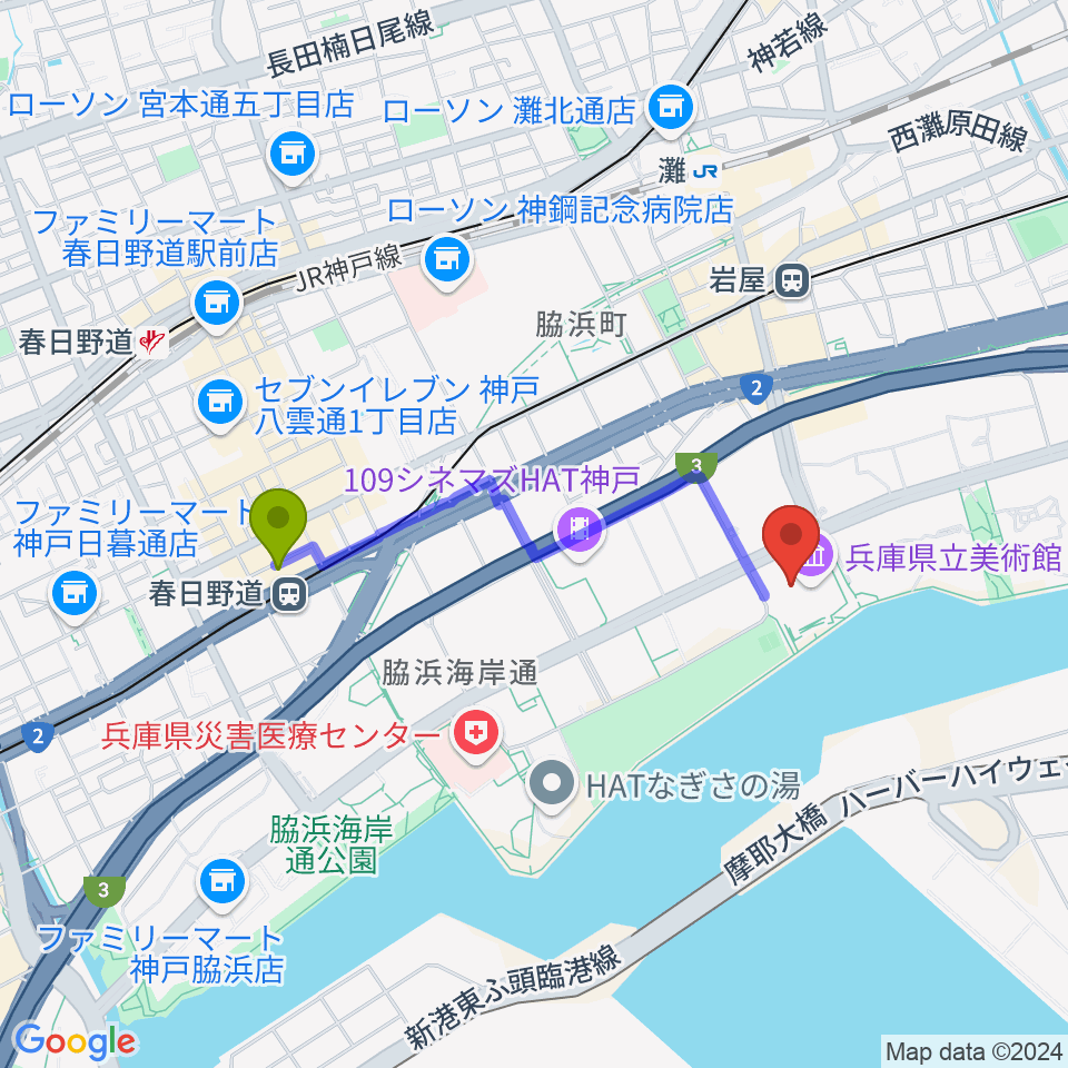 春日野道駅から兵庫県立美術館へのルートマップ地図