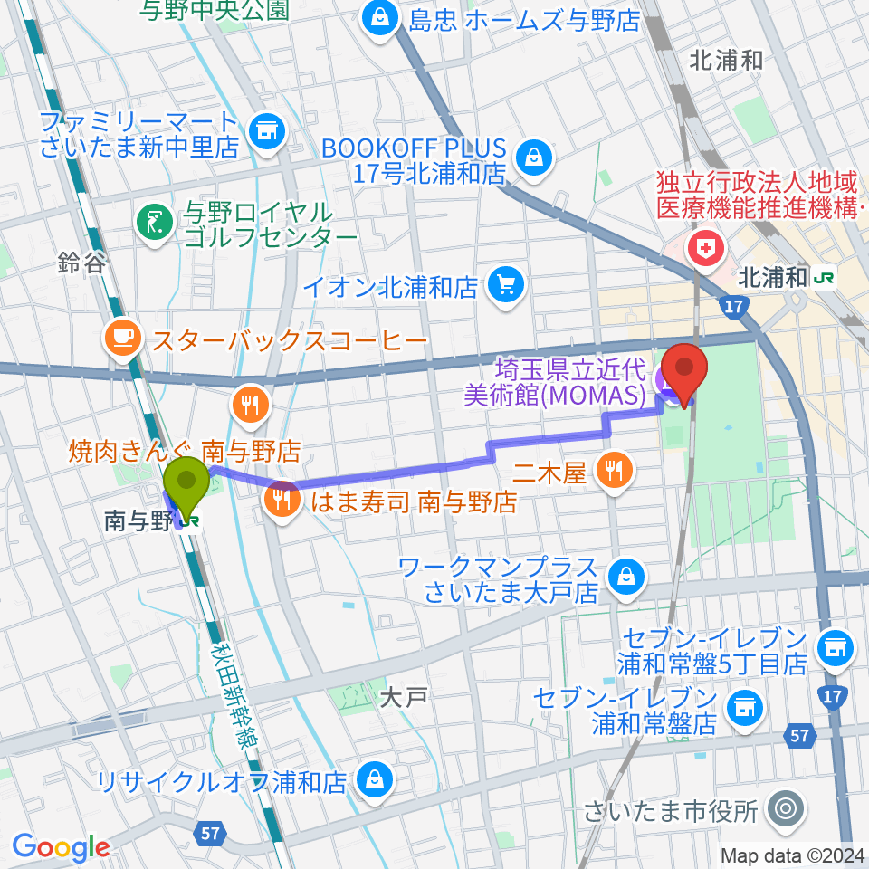 南与野駅から埼玉県立近代美術館へのルートマップ地図