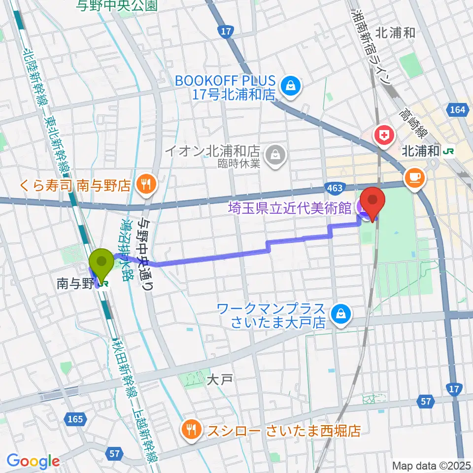 南与野駅から埼玉県立近代美術館へのルートマップ地図