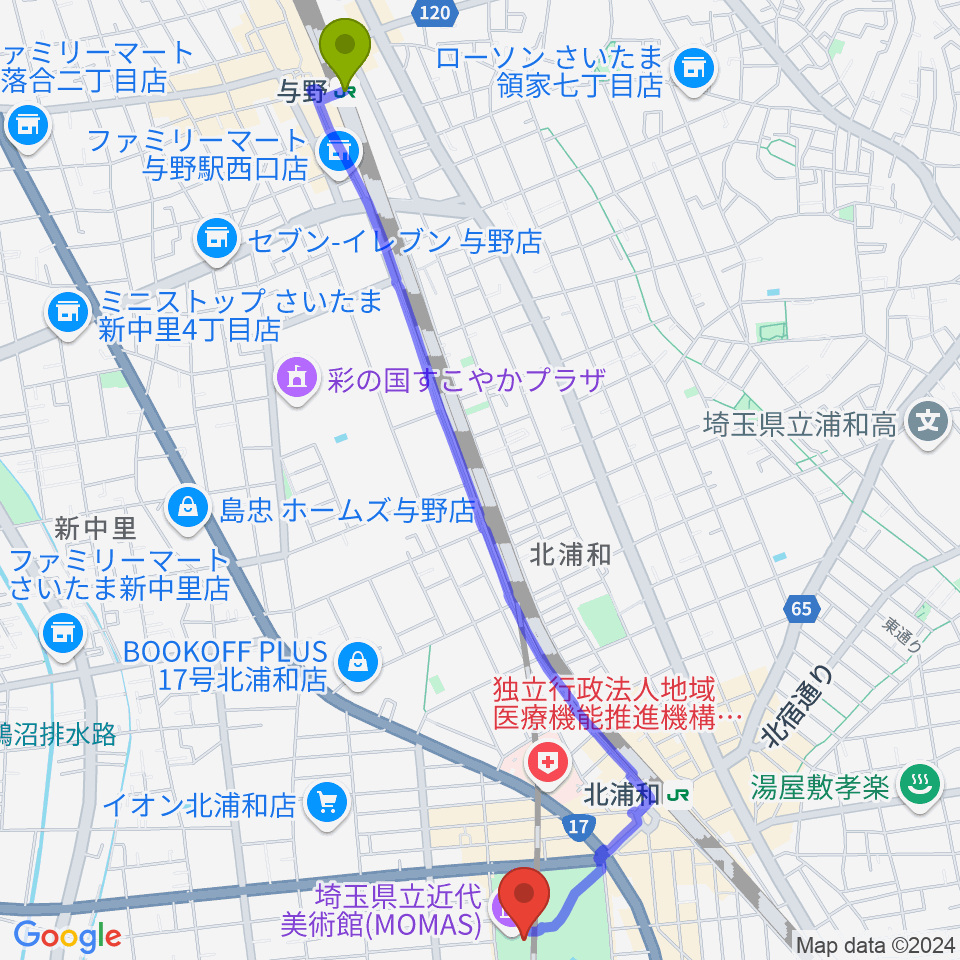 与野駅から埼玉県立近代美術館へのルートマップ地図