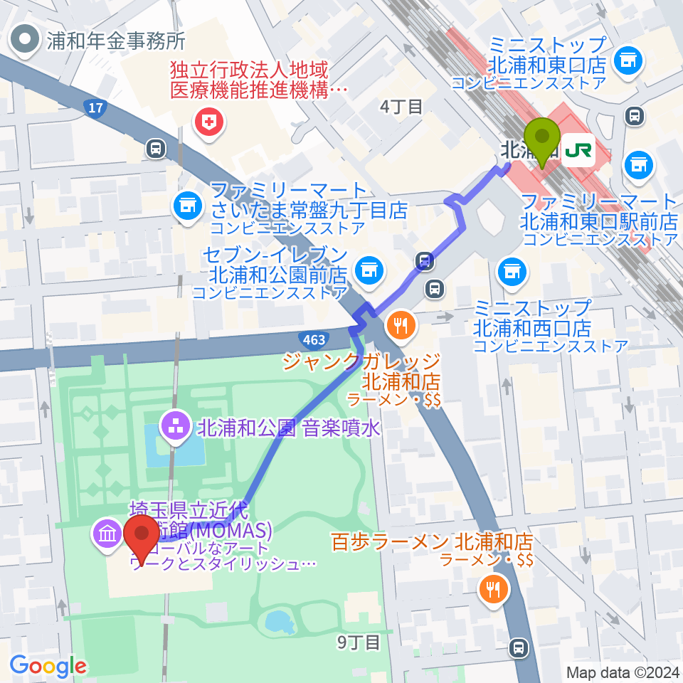 埼玉県立近代美術館の最寄駅北浦和駅からの徒歩ルート（約6分）地図