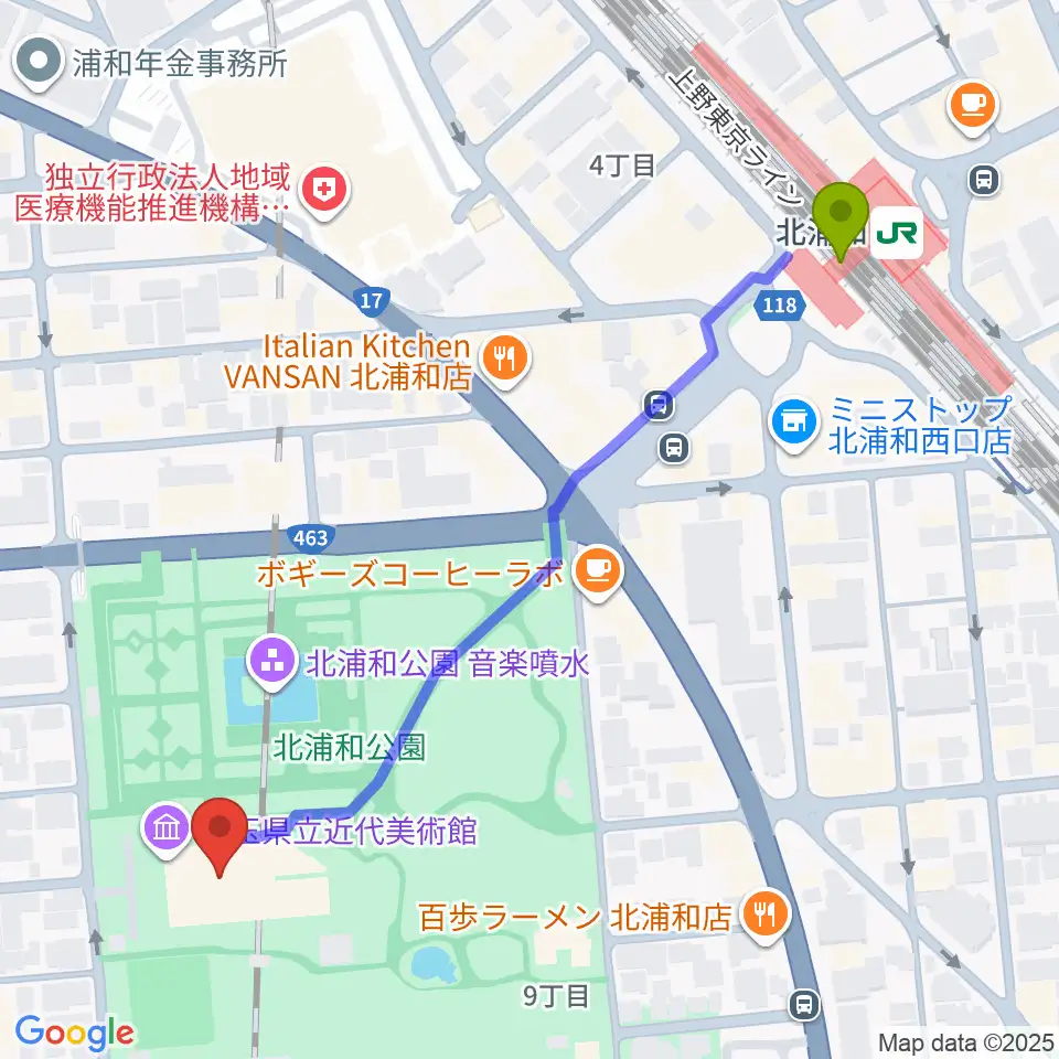 埼玉県立近代美術館の最寄駅北浦和駅からの徒歩ルート（約6分）地図
