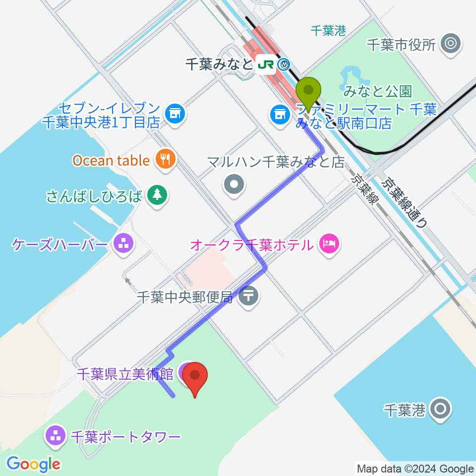 千葉県立美術館の最寄駅千葉みなと駅からの徒歩ルート（約10分）地図