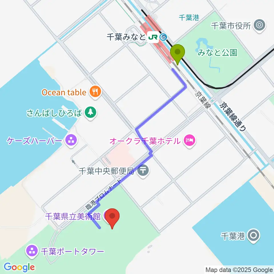 千葉県立美術館の最寄駅千葉みなと駅からの徒歩ルート（約10分）地図