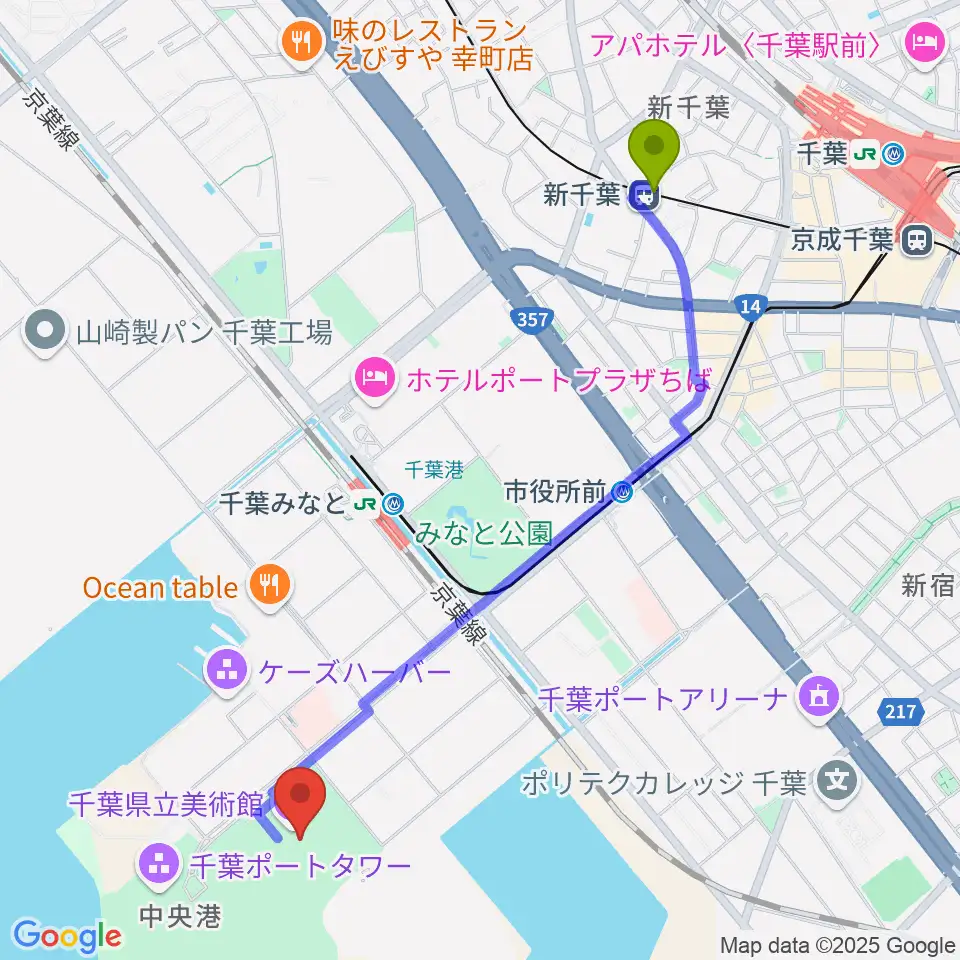 新千葉駅から千葉県立美術館へのルートマップ地図