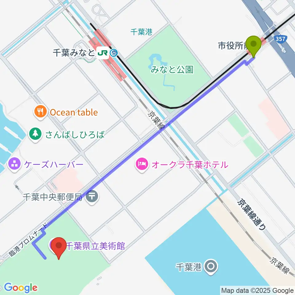 市役所前駅から千葉県立美術館へのルートマップ地図