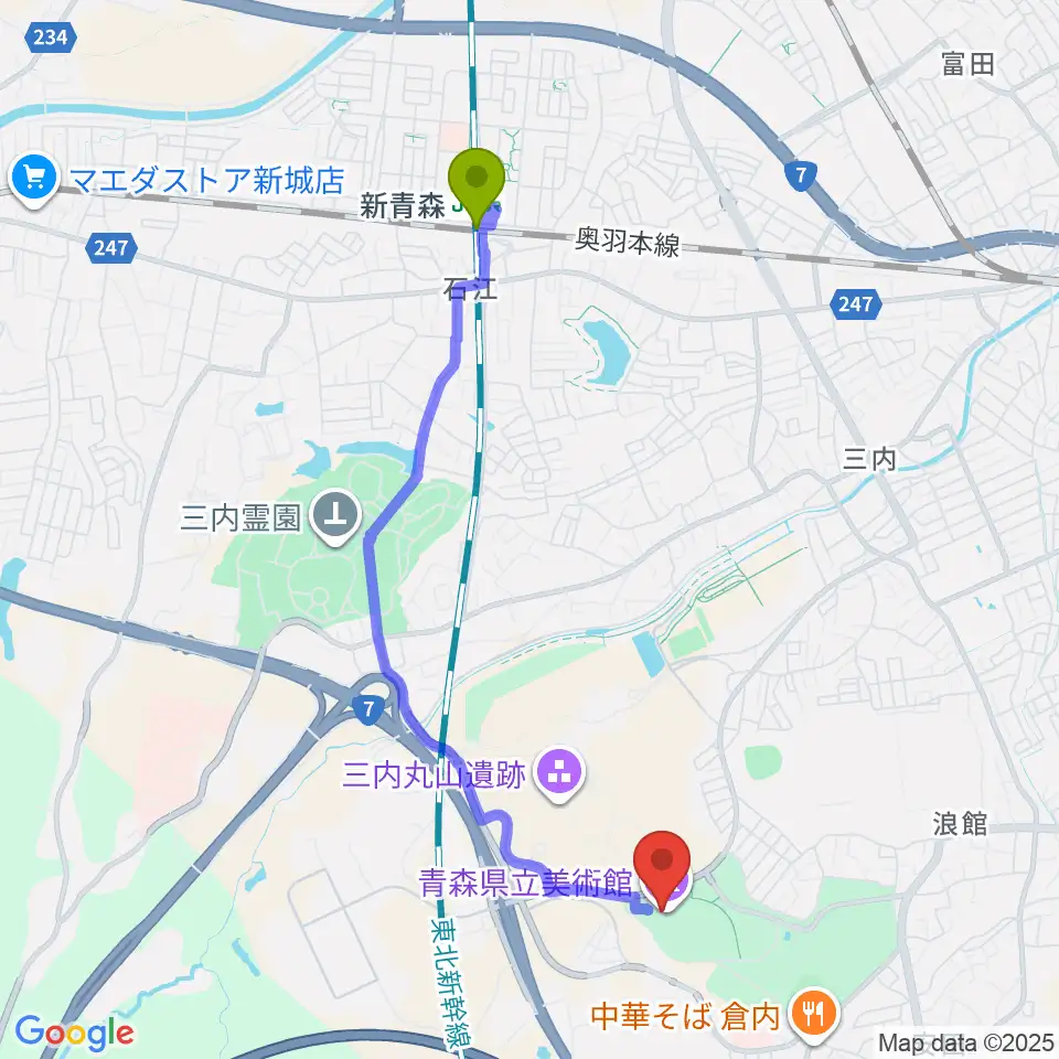 青森県立美術館の最寄駅新青森駅からの徒歩ルート（約39分） MDATA