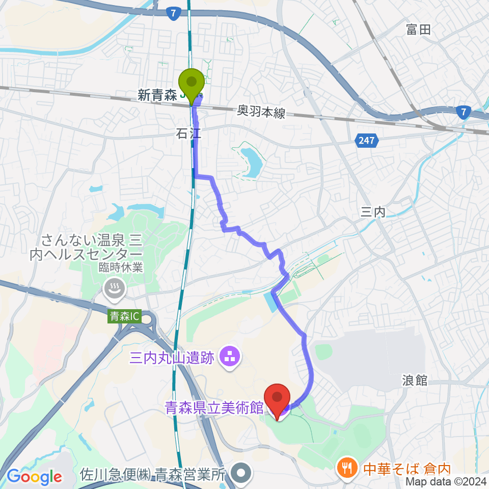 青森県立美術館の最寄駅新青森駅からの徒歩ルート（約39分）地図