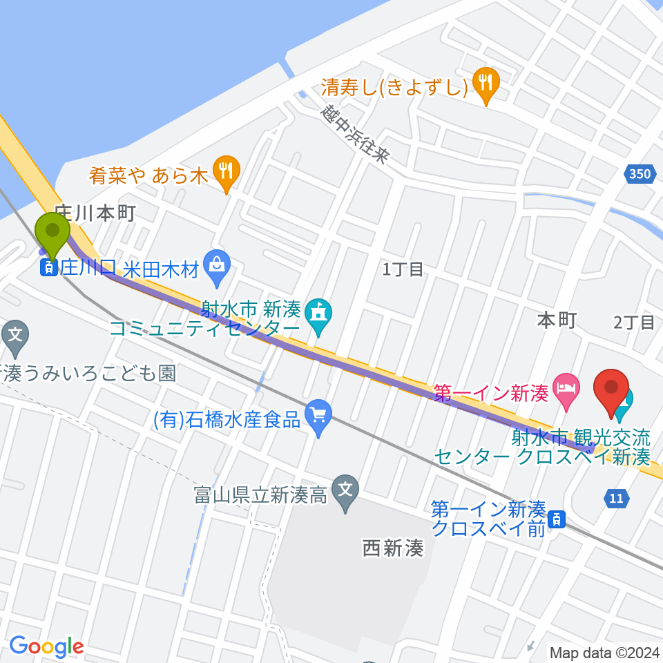 庄川口駅からクロスベイ新湊へのルートマップ地図