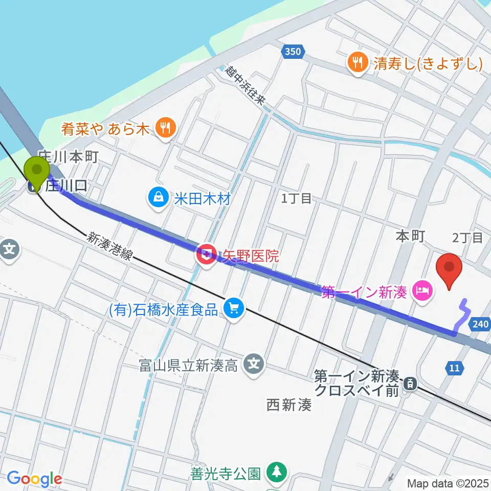 庄川口駅からクロスベイ新湊へのルートマップ地図