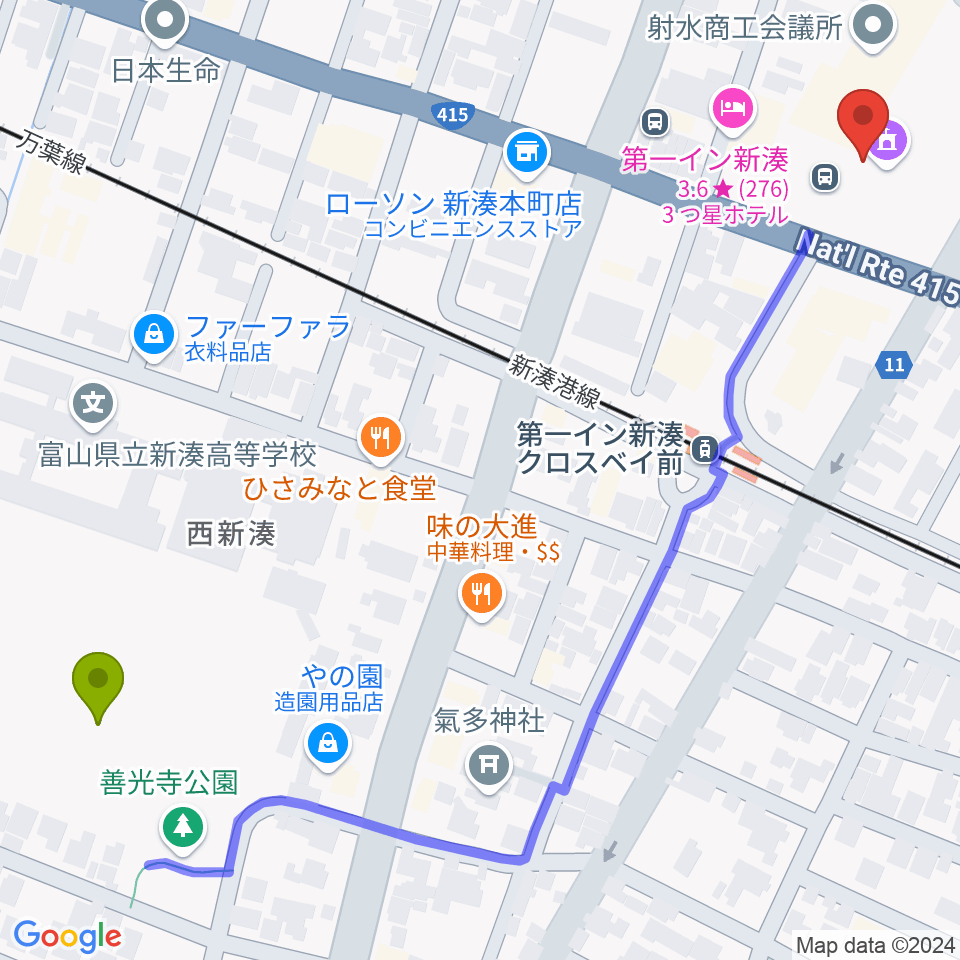 クロスベイ新湊の最寄駅西新湊駅からの徒歩ルート（約8分）地図