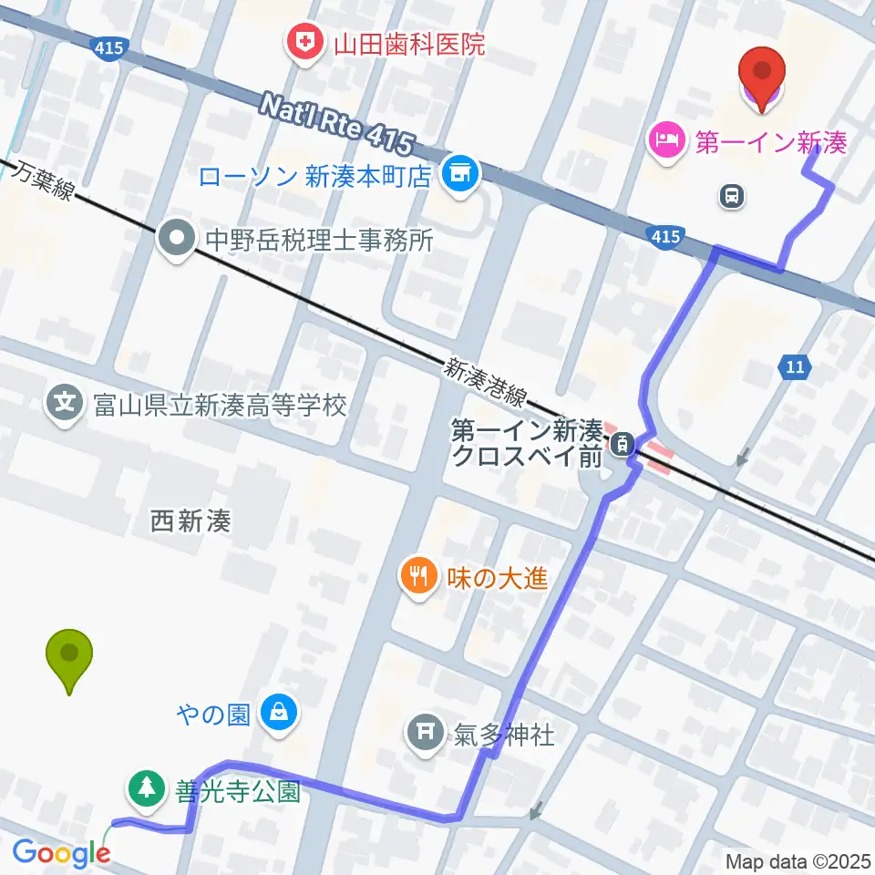 クロスベイ新湊の最寄駅西新湊駅からの徒歩ルート（約8分）地図
