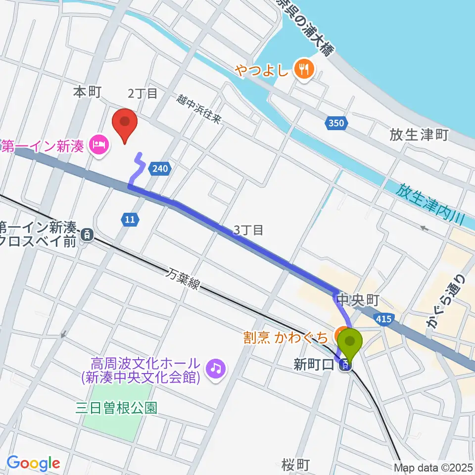 新町口駅からクロスベイ新湊へのルートマップ地図