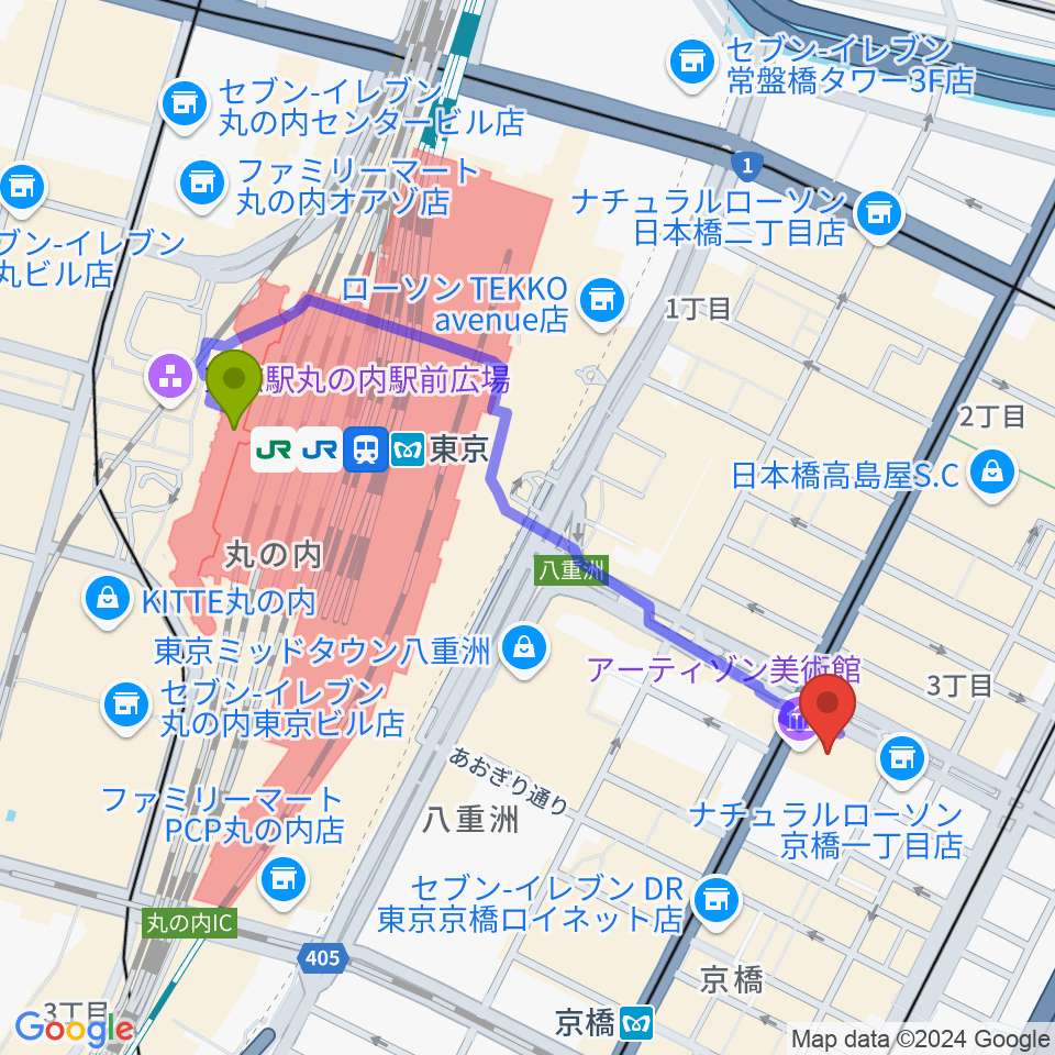 東京駅からアーティゾン美術館へのルートマップ地図