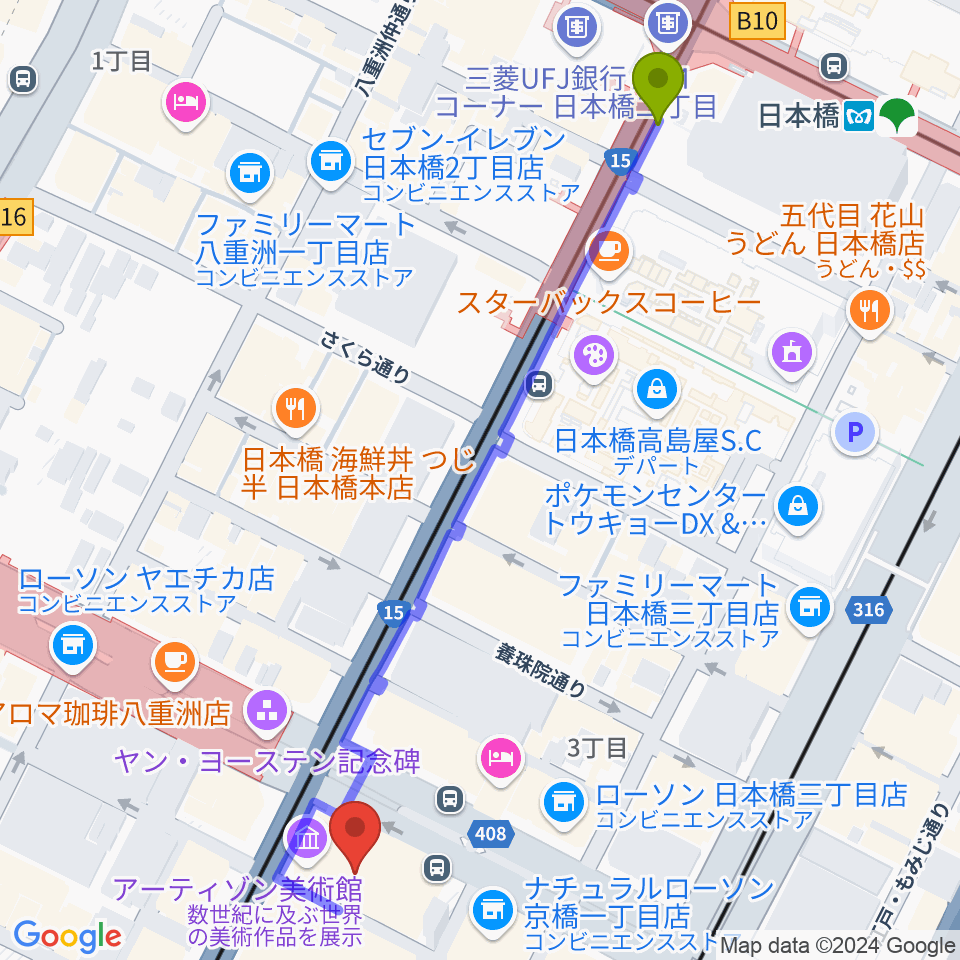 日本橋駅からアーティゾン美術館へのルートマップ地図