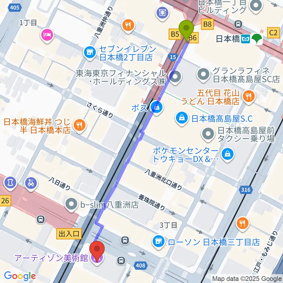 日本橋駅からアーティゾン美術館へのルートマップ地図