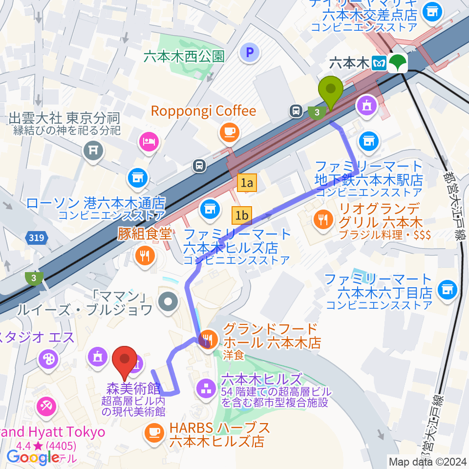 森美術館の最寄駅六本木駅からの徒歩ルート（約6分）地図