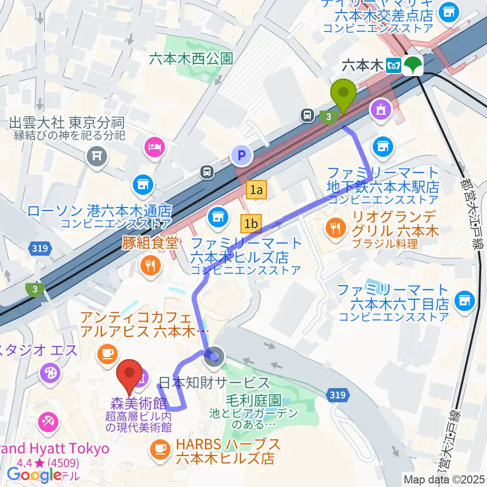 森美術館の最寄駅六本木駅からの徒歩ルート（約6分）地図