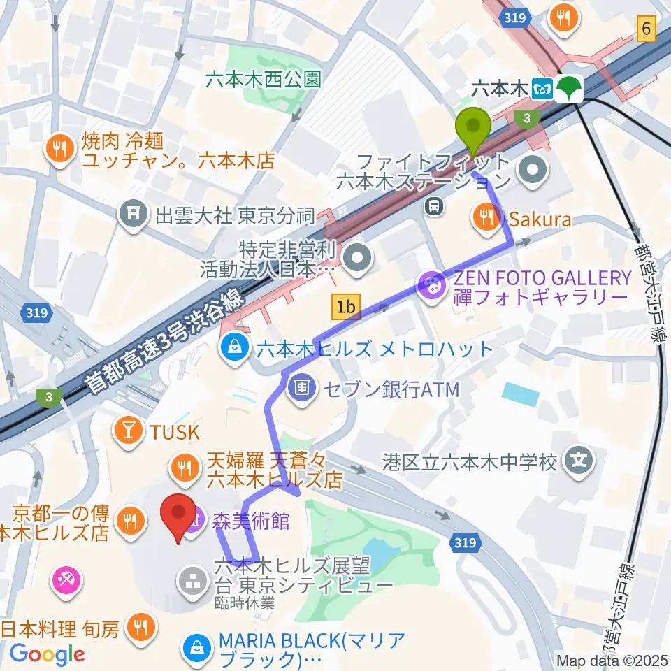 森美術館の最寄駅六本木駅からの徒歩ルート（約6分）地図