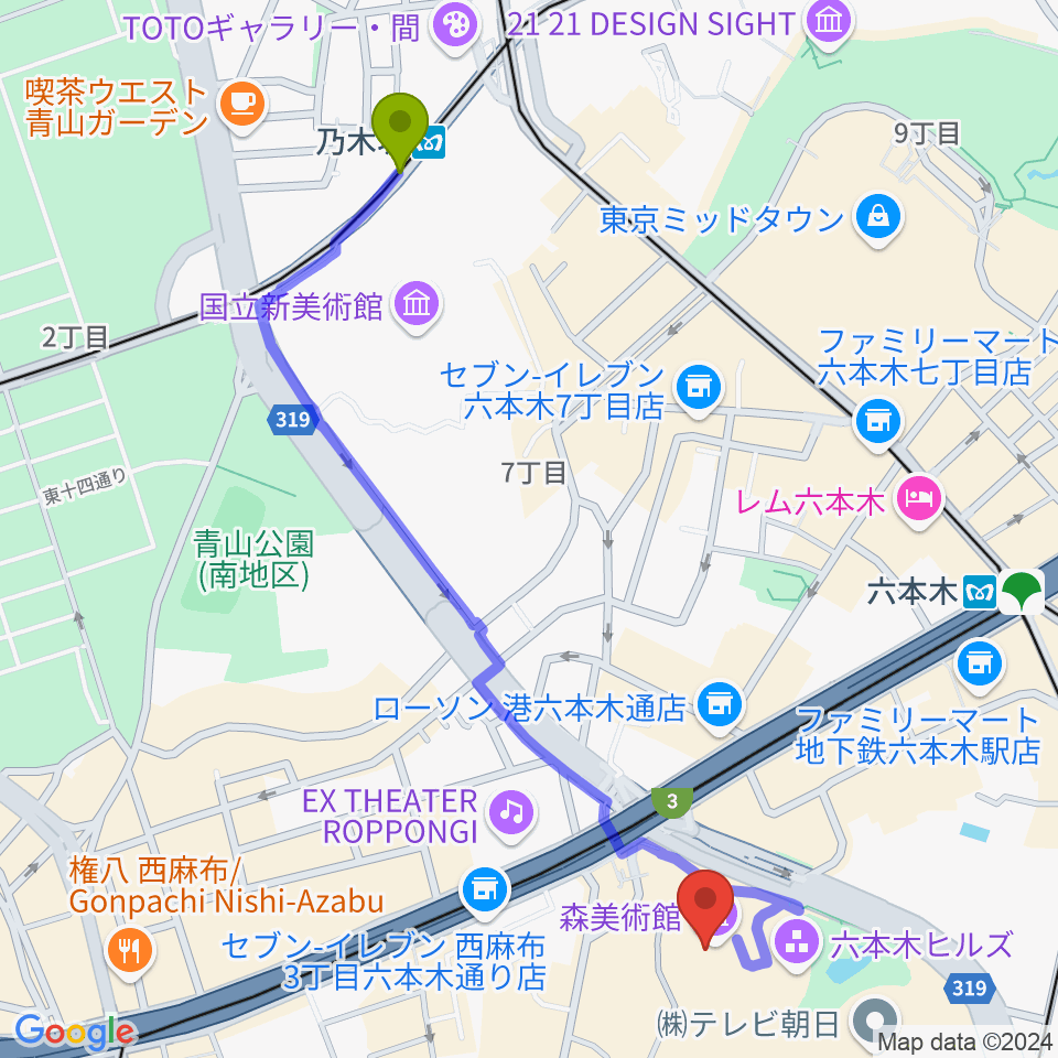 乃木坂駅から森美術館へのルートマップ地図