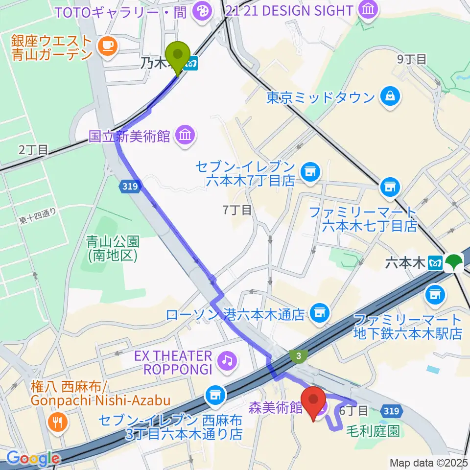 乃木坂駅から森美術館へのルートマップ地図