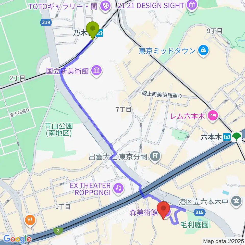 乃木坂駅から森美術館へのルートマップ地図