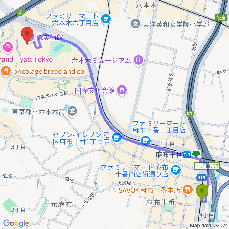 麻布十番駅から森美術館へのルートマップ地図