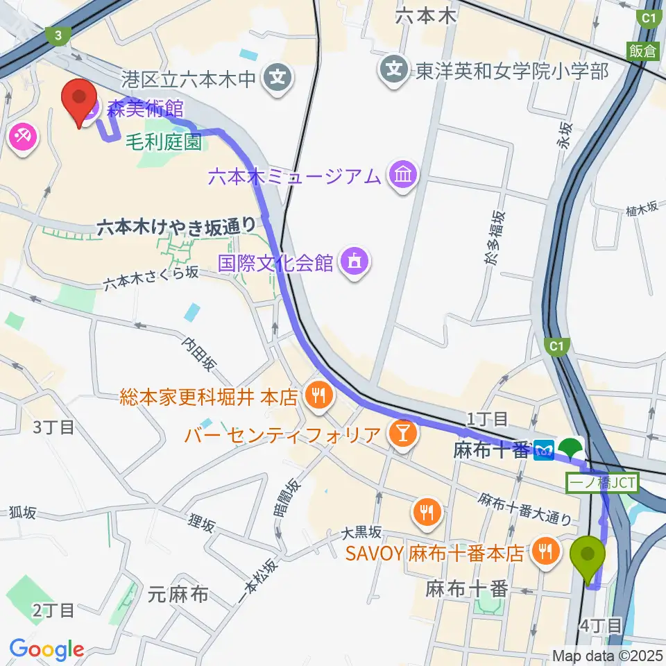 麻布十番駅から森美術館へのルートマップ地図