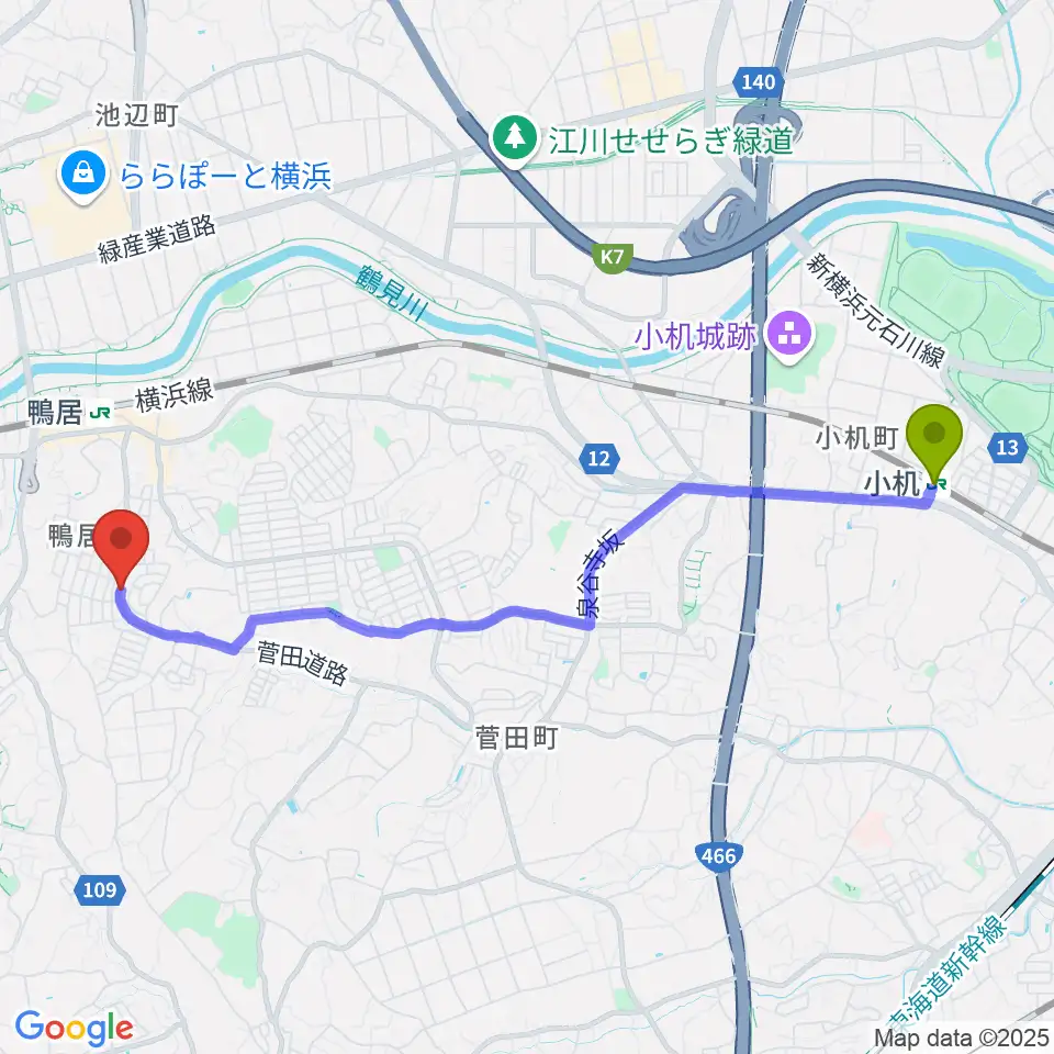 小机駅からスタジオあぢとへのルートマップ地図