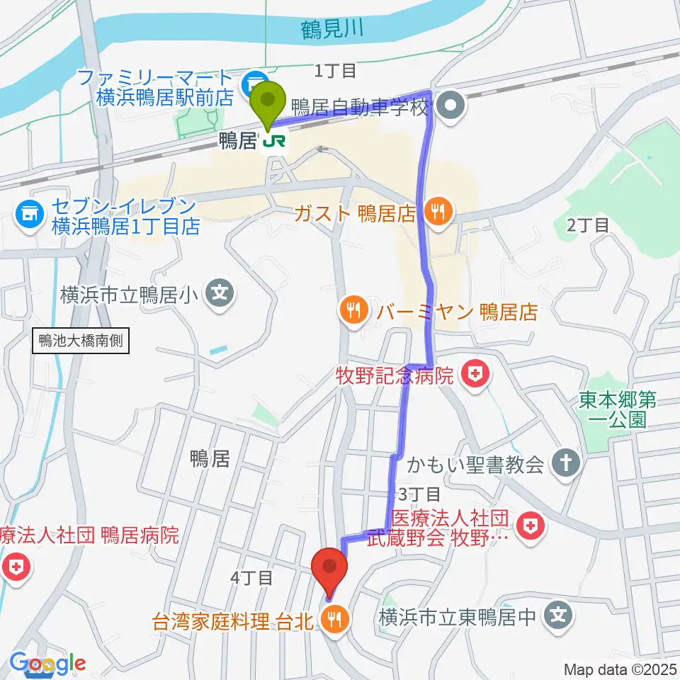 スタジオあぢとの最寄駅鴨居駅からの徒歩ルート（約11分）地図