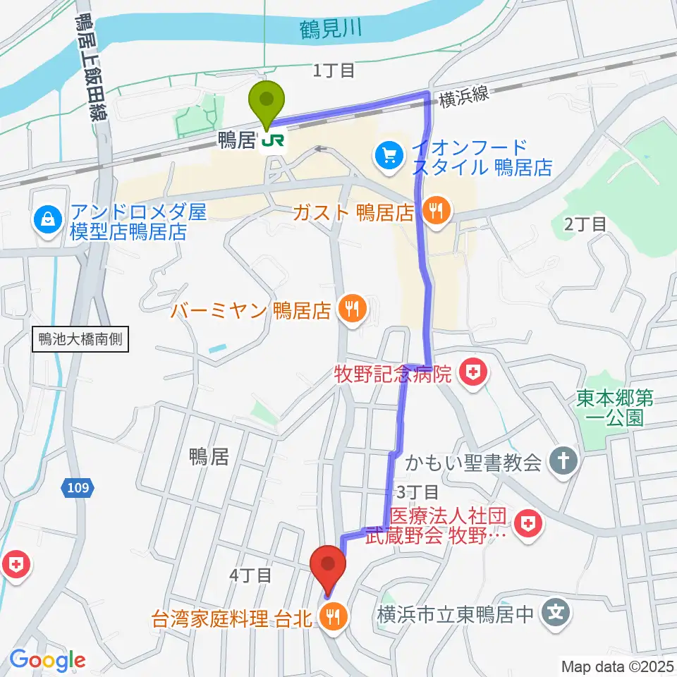 スタジオあぢとの最寄駅鴨居駅からの徒歩ルート（約11分）地図