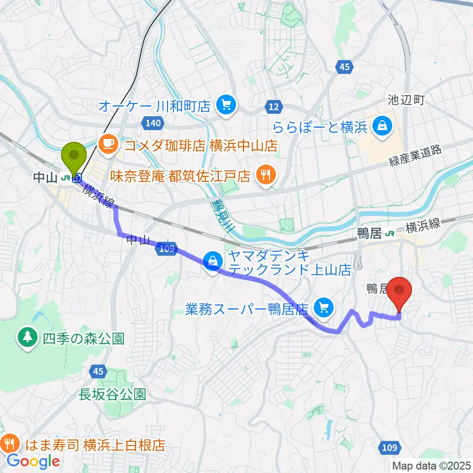 中山駅からスタジオあぢとへのルートマップ地図