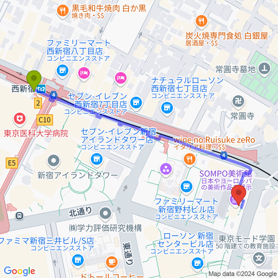 西新宿駅からSOMPO美術館へのルートマップ地図