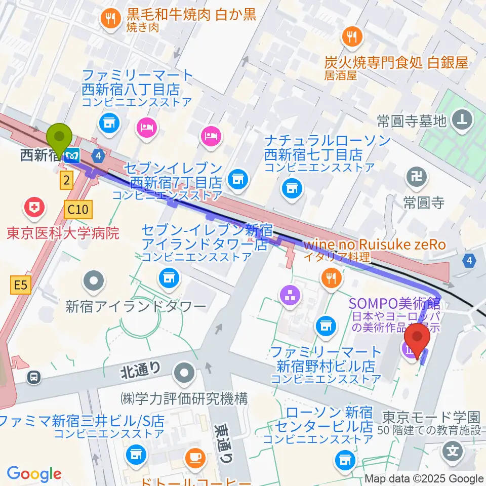 西新宿駅からSOMPO美術館へのルートマップ地図