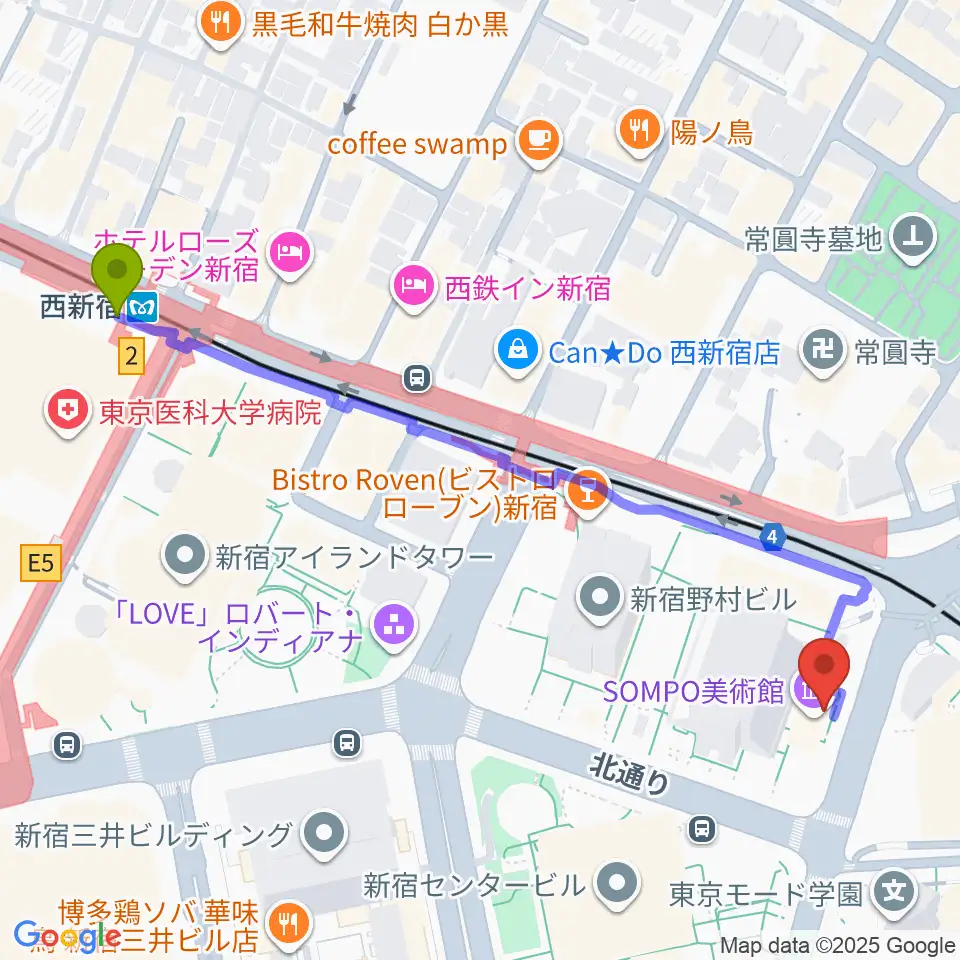 西新宿駅からSOMPO美術館へのルートマップ地図