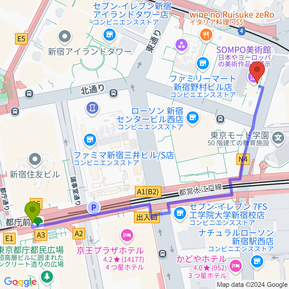 都庁前駅からSOMPO美術館へのルートマップ地図